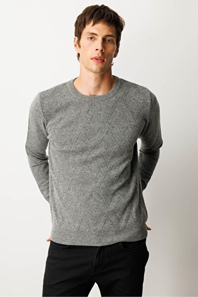 Desen Triko Men's Crew Neck Straw Knit Baklava Y.Füme Wool Sweater