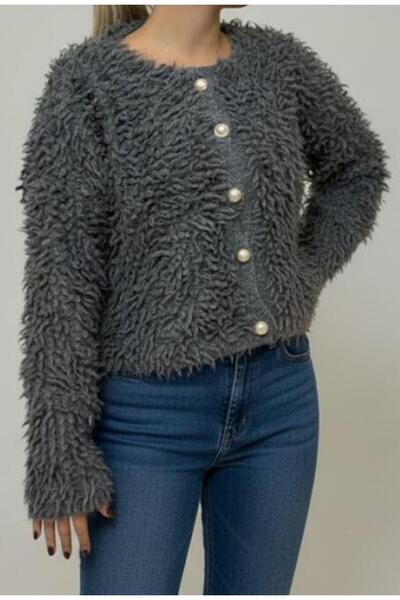 Afri Women's Gray Buttoned Cardigan – Soft Fuzzy Textured Warm Knitwear Cardigan