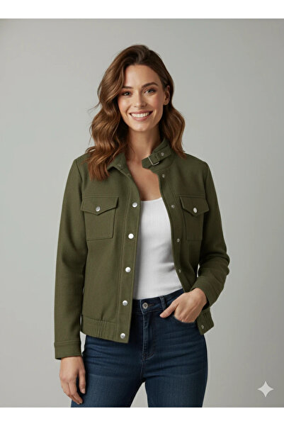 cemo Women's Tan Elegant Short Jacket with Buckle Detail Mock Neck Pockets Suede/Cashmere Spring Jacket