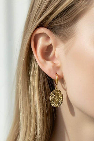 TAKIŞTIR Gold Color Tuğra Figured Steel Earrings (Pair)