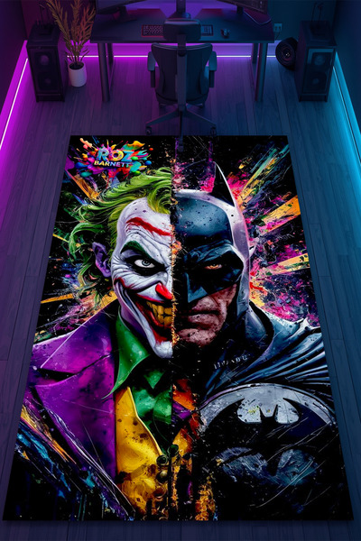 HalıOnline Joker Batman Desenli Kaymaz Taban Makinede Yıkanabilir Gaming Oyun...