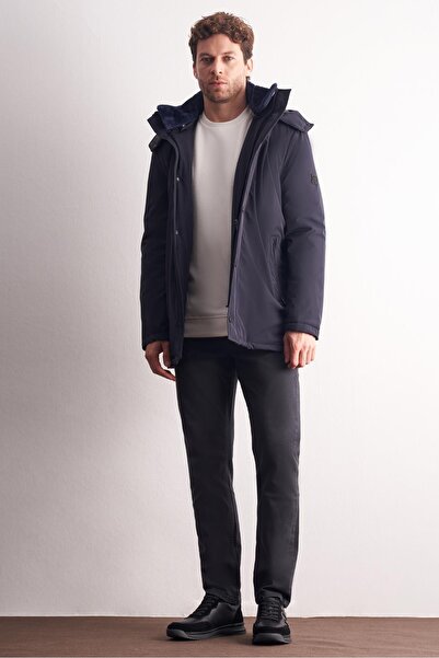 İmza Light Navy Blue Hooded Mock Neck Slitless Flexible Classic Coat 1008255165