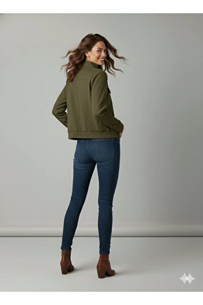 cemo Women's Tan Elegant Short Jacket with Buckle Detail Mock Neck Pockets Suede/Cashmere Spring Jacket