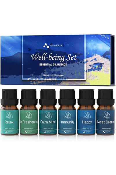 ASAKUKI مجموعة مزيج الزيوت العطرية للناشرات، مجموعة العافية، 6 × 10 مل
