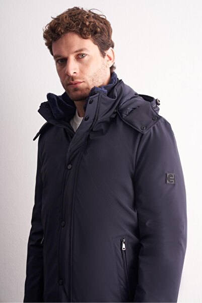 İmza Light Navy Blue Hooded Mock Neck Slitless Flexible Classic Coat 1008255165