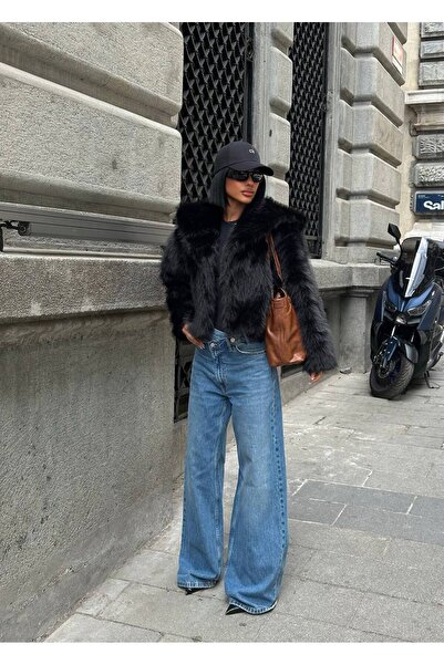 D'RECCY Women's Wide Collar Short Premium Plush Fur Coat