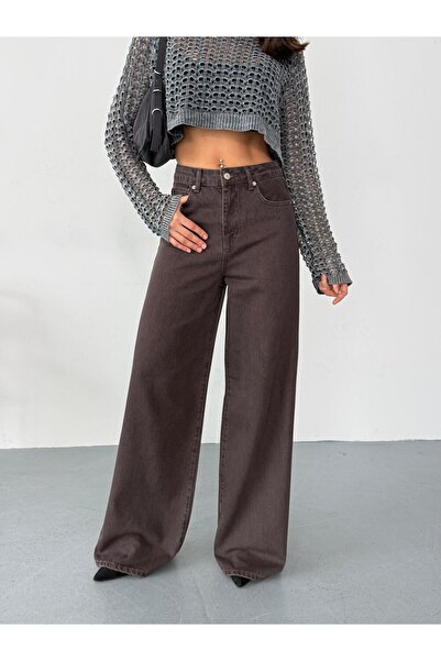 XBELLA DENİM Women's Brown / Burgundy Unwashed Baggy Jean High Waist Wide Leg Denim Pants