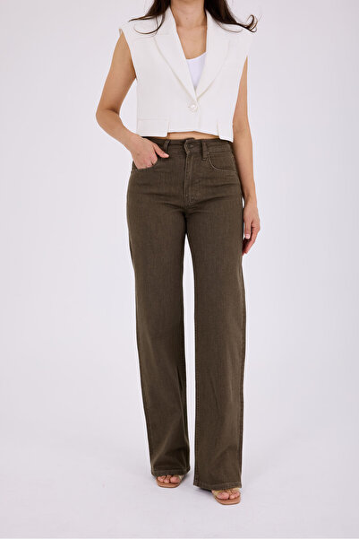 cracpot Kadın Yüksek Bel Wide Leg Jean Pantolon Likralı Esnek Kumaş Uzun