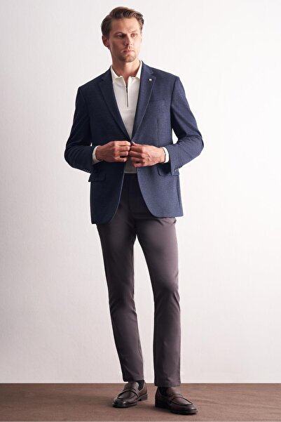 İmza Navy Blue Mono Collar Self Patterned Cotton 4 Drop Comfort Fit Classic Jacket 1002255157