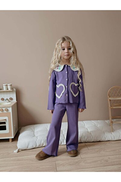 le petit sole Girl's Lilac Heart Embroidered Top and Bottom Set