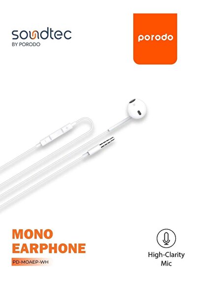 porodo Mono/Single Earphone 3.5mm Aux, 3-Button Controls, High-Clarity Mic - White
