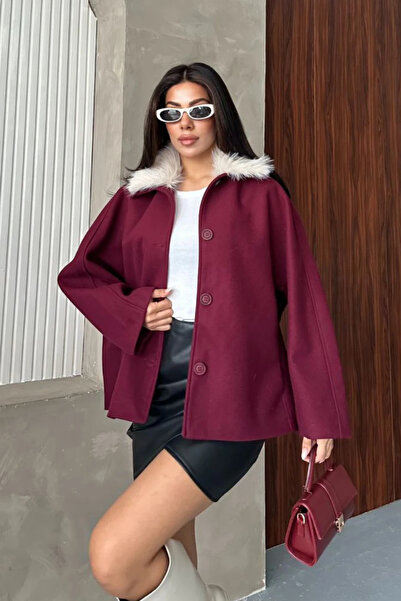 cemo Women's Fur Collar Short Coat Cashmere Fabric Oversized Wide Sleeve Buttoned Winter