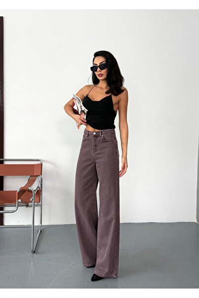 XBELLA DENİM Women's Brown / Burgundy Unwashed Baggy Jean High Waist Wide Leg Denim Pants