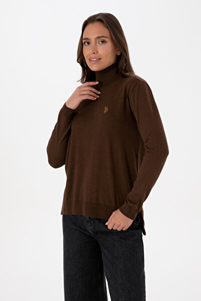 U.S. Polo Assn. Kadın Kahverengi Boğazlı Basic Kazak 50313621-VR029