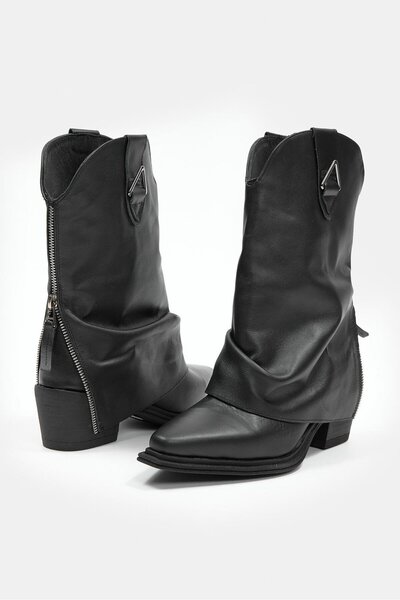 NILUFARR Lata Black Genuine Leather Heeled Boots