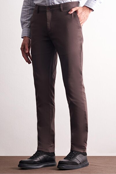 İmza Dark Brown Side Pocket Straight Leg Cotton Slim Fit Chino Casual Trousers 1003255165