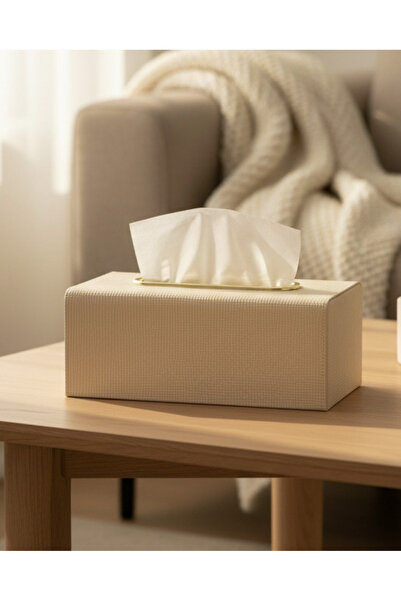 REDTAG علبة مناديل مستطيلة من الجلد الصناعي باللون البيج مع حواف معدنية