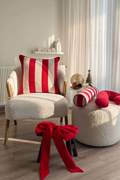 RİTMOHOME Çizgili Kış Yılbaşı Yeni Yıl Dekoratif Yastık Kırmızı Krem (İçi Dolgulu)