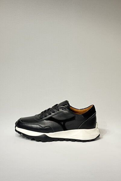 velravin  Felix Erkek Hakiki Natural Deri Bağcıklı Siyah Sneaker Ayakkabı