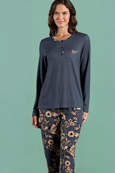 Pijadore Women's Plus Size Anthracite Color Long Sleeve Button-Down Collar Floral Print Pajama Set C0T0N02