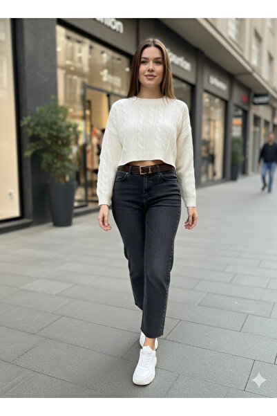 cemo Women's High Waist Mom Jean Raw Hem Detailed Gold Buckled Belted Straight Cut Denim