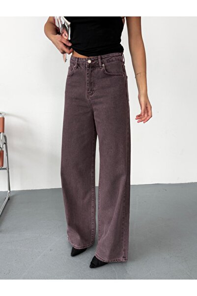 XBELLA DENİM Women's Brown / Burgundy Unwashed Baggy Jean High Waist Wide Leg Denim Pants