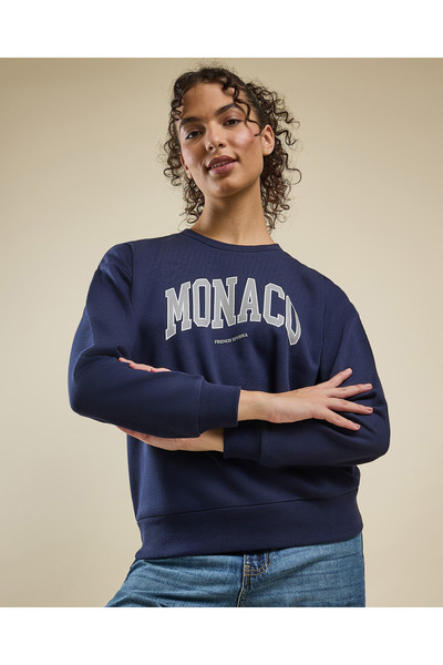 R&B Typography Print Sweatshirt with Crew Neck and Long Sleeves