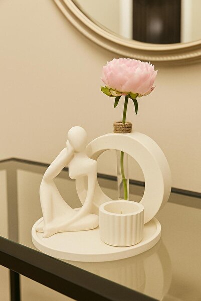 Beyaz Atölye Dekoratif Düşünen Adam, Tüplü Yuvarlak Vazo ve Mumluk Hediye Seti