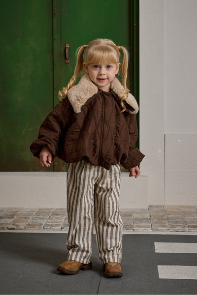 Fahhar Kids معطف بياقة فرو قابلة للإزالة باللون البني