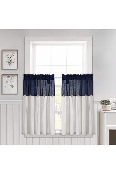 Lush Decor Linen Kitchen Window Tier Curtain Set with Buttons, 29" x 36", Navy and White, Geometric