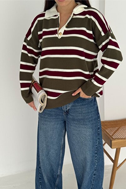 FEMELLE Pulover tricotat cu guler cu nasturi, cu dungi verzi, pentru femei, mărime standard