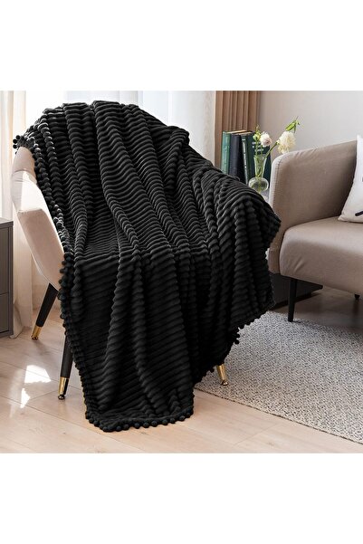 DİSSA Flannel & Fleece Double Blanket 1.52m x 2.03m - Soft Velvet Pom-Pom Fringe (Black)