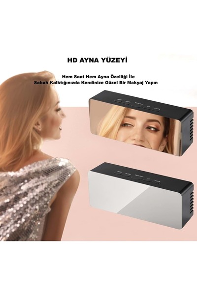HyMark Dijital Çalar Saat Usb/Pil Aynalı LED Termometre Alarm Gece Modlu Eletronik Saat