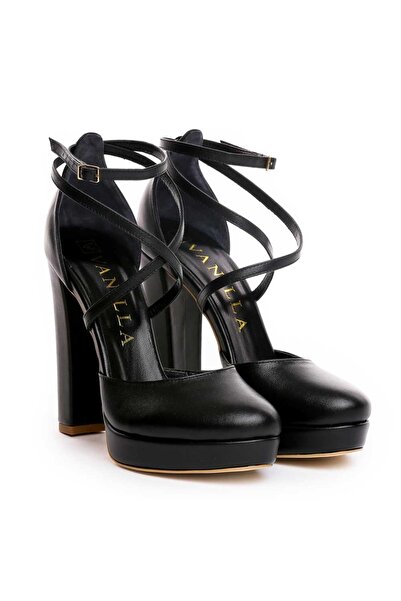 Vanilla Days Sandale elegante negre din piele cu toc gros, cu toc de 13 cm