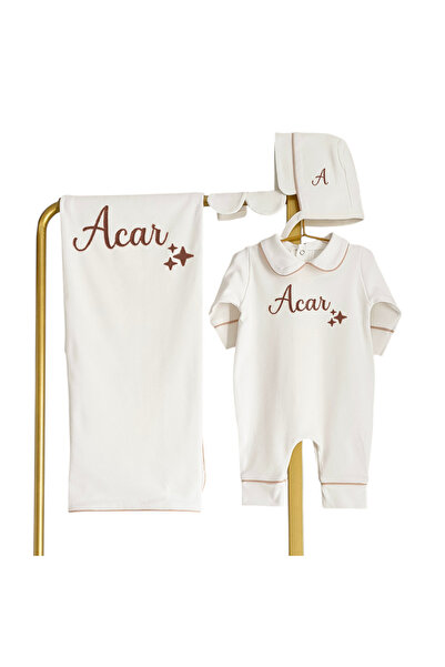 Mis Bebe Minik İnsanların Sarayı Combed Cotton Fabric Beige Piped Star Patter...