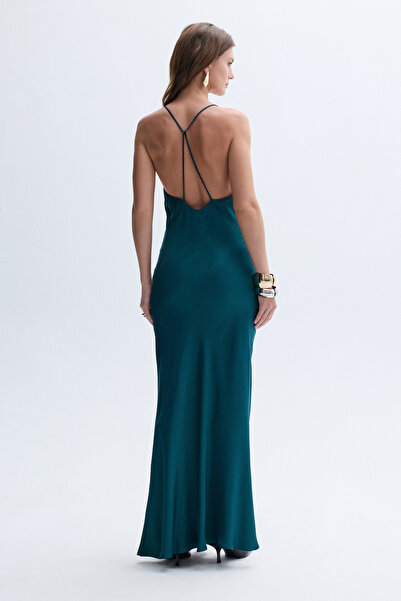Mudo Degaje Collar Open Back Satin Long Dress