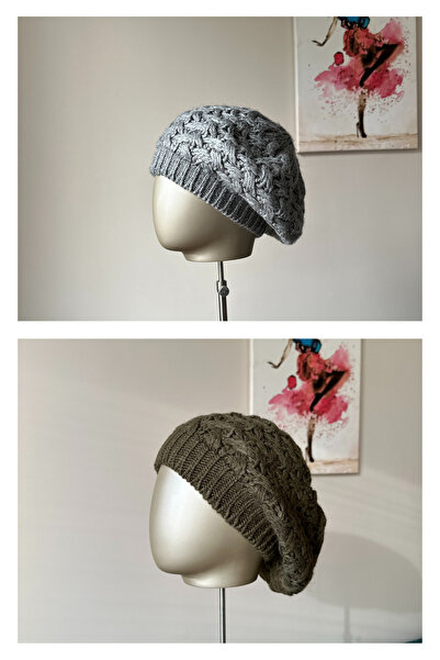 Amor Center Ressam Model Braided Soft Knitwear Winter Beanie 2-Pack Khaki-Grey