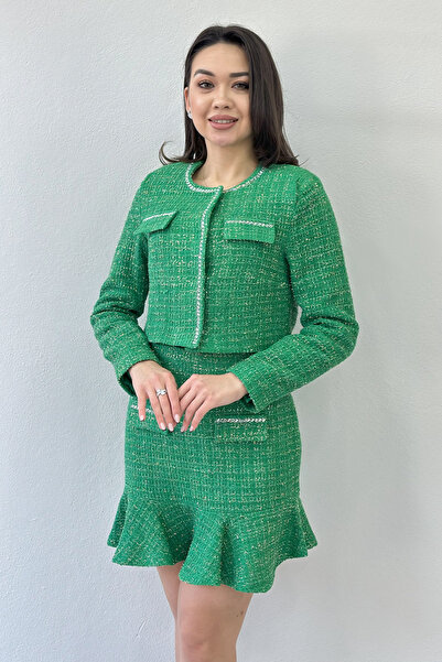 the ZKS Women's Jacket Ruffle Hem Embroidered Tweed Two-Piece Set Ecru, Black, Mink, Fuchsia, Green