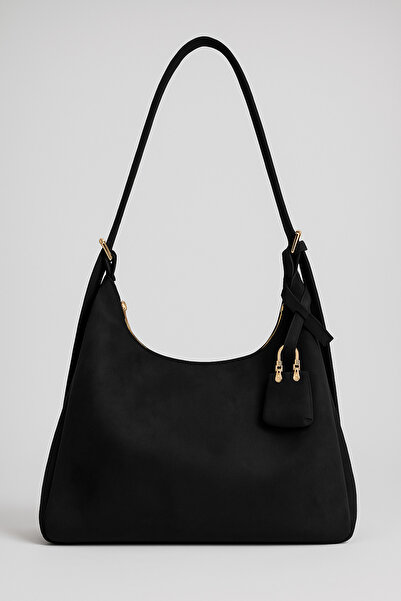 KISCHE Women's Shoulder Bag Suede Black Casual Lined Zippered Adjustable Charmlı Women's Bag Lisa