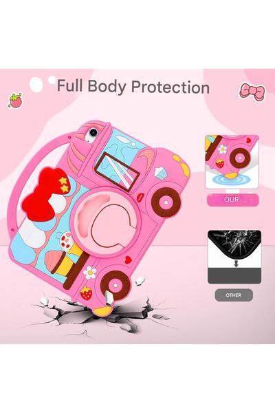 Aolcev iPad 11″ (2025) / 10.9″ (2022) case for girls, pink, ice cream design, rotating strap and silicone holder