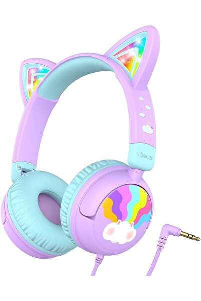 iClever Kids Headphones, LED Light Up Cat Ear, 85 dBA Safe Volume, Foldable Wired On-Ear Headphones