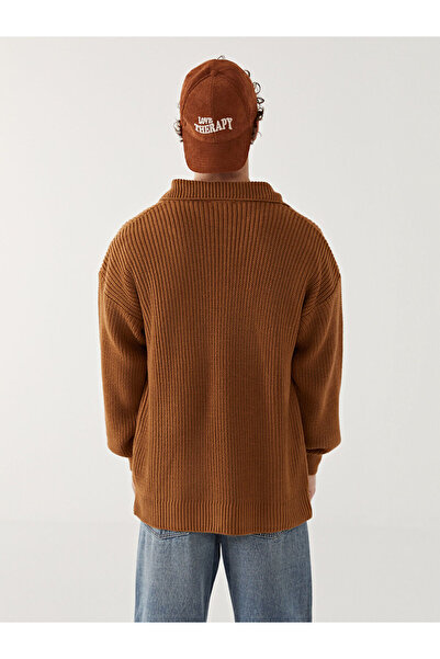 LC Waikiki Brown Standard Fit Polo Collar Men's Knitwear Cardigan