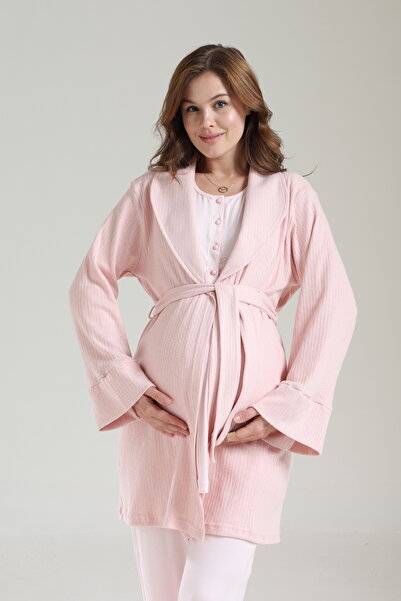 LOHOUSE Women's Powder Shawl Collar Cotton Maternity Pajama Set with Dressing Gown, 3-Piece Pajama Set