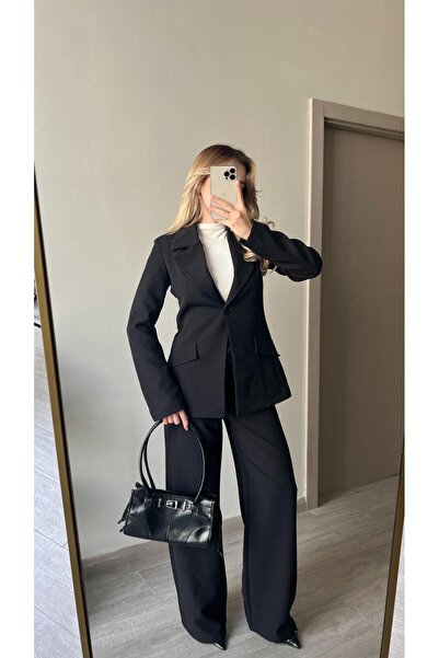 FMN Moda Palazzo Wide-Leg Pants with Quality Lining, Shoulder Pad Pieces, Waistband with Slight Shrinkage, Pocket Detail, Blazer Jacket Suit