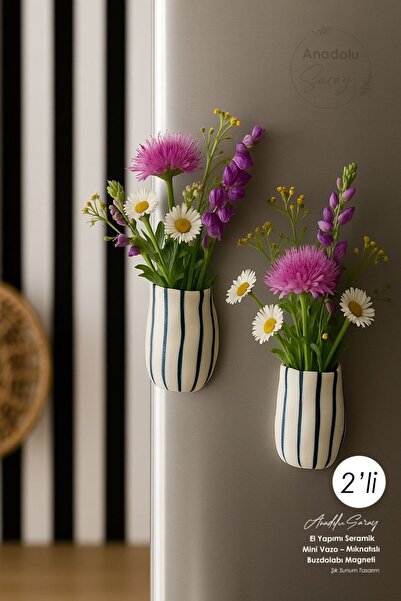 Anadolu Saray 2'li El Yapımı Seramik Mini Vazo – Mıknatıslı Buzdolabı Magneti...