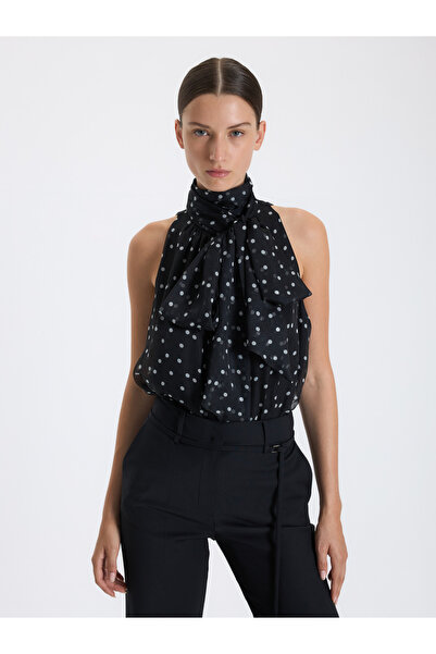 BAQA Polka Dot Sleeveless Blouse with Tie Scarf