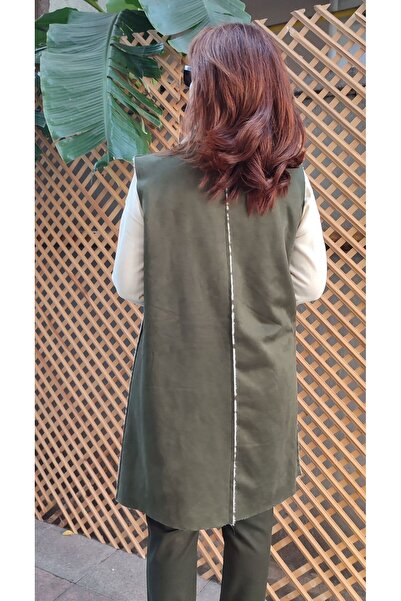 DenizEge Italian Nubuck Pocketed Leopard Vest Khaki