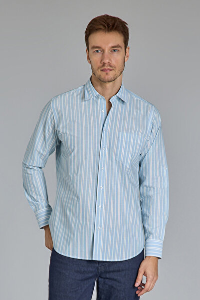 Bisse Regular Fit Spor Yaka Çizgili Açık Mavi Pamuk Erkek Gömlek