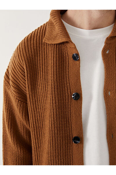 LC Waikiki Brown Standard Fit Polo Collar Men's Knitwear Cardigan