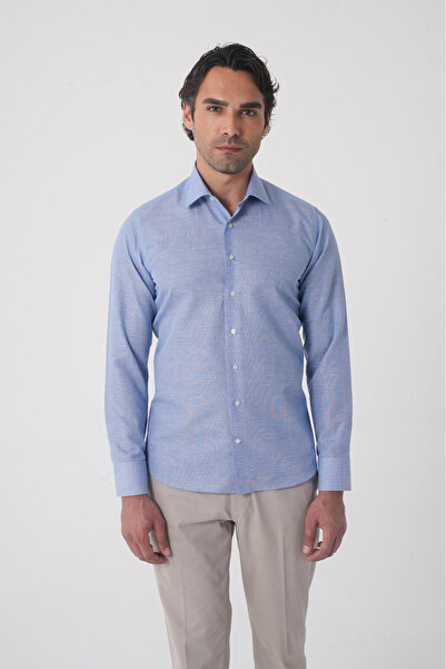 Bisse قميص رجالي ذو قصة عادية بأكمام طويلة بدون جيوب من القطن باللون الأزرق